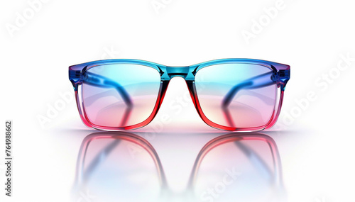 Glasses for vision. The frame of the glasses is in tricolor. White, blue, red. Glasses on a white background.