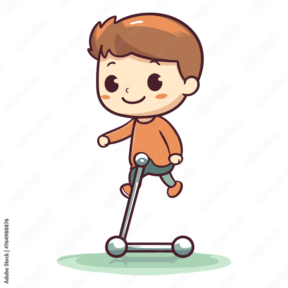 Cute boy riding scooter vector illustration. Cartoon boy riding scooter.