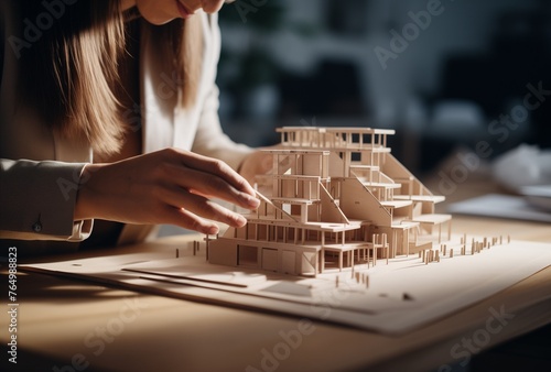 A female architect is working on an architectural model of her design. she uses natural materials such as wood or paper to create details. A closeup shot focuses on the architectural model photo