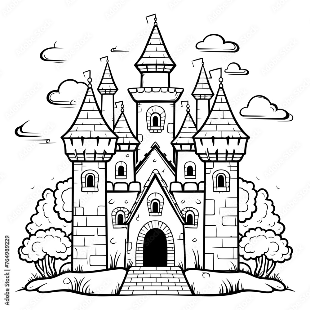 Fairytale castle. Fairy tale castle. Black and white vector illustration.