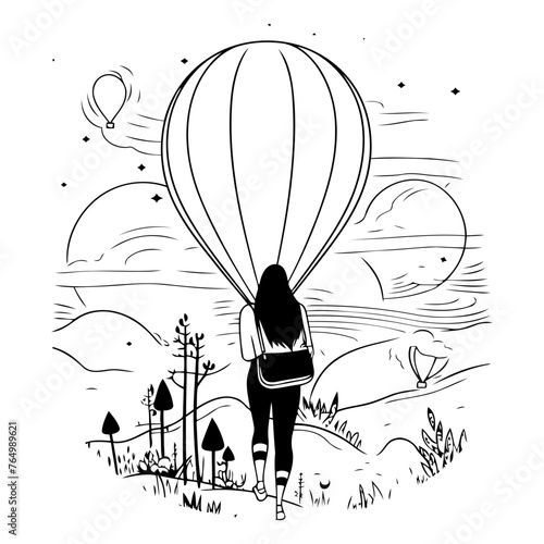Woman in hot air balloon. Hand drawn vector illustration for your design photo