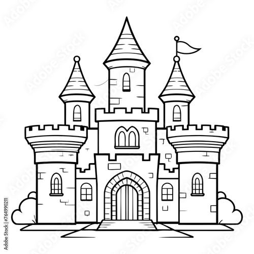 Cartoon castle. Black and white vector illustration for coloring book.