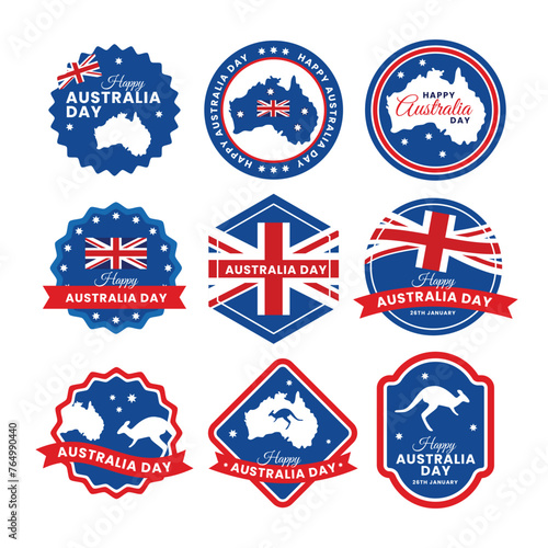 Set of happy Australia Day Celebration Label Emblem badge collection, Symbols and Flag of Australia. January 26 Australia Day, Flags, star and kangaroo. Vector Flat Illustration