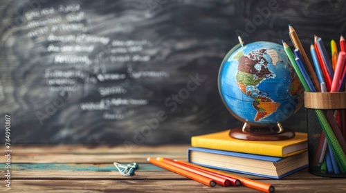Vibrant back to school concept: earth globe, books, notebooks, colorful stationery, and more on wooden table with chalkboard background photo