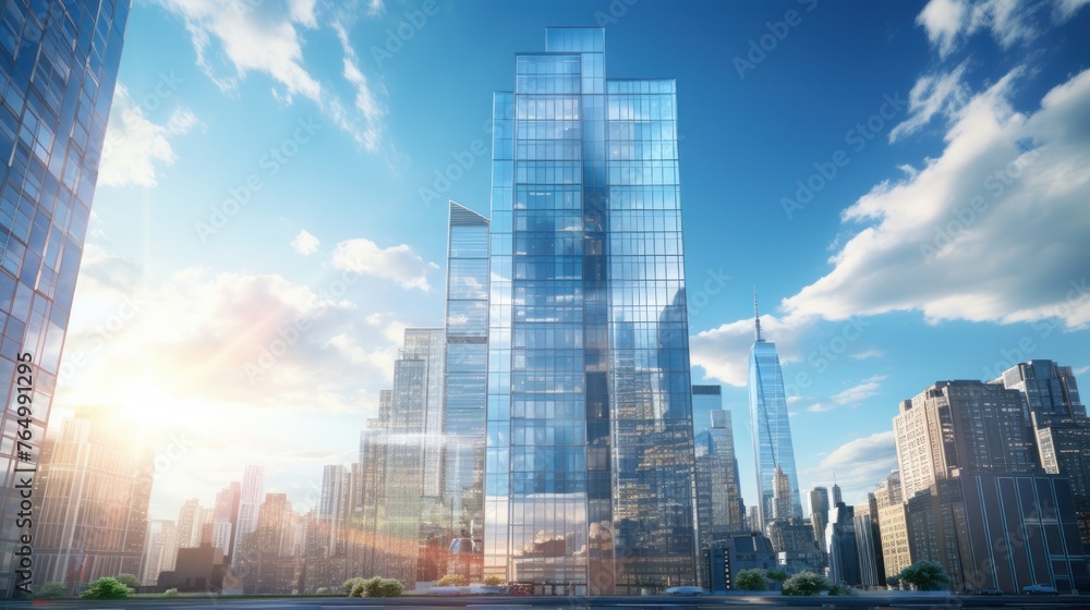 Photorealistic Tall building and behind it a beautiful and sky Photorealistic Tall building and behind it a beautiful and sky