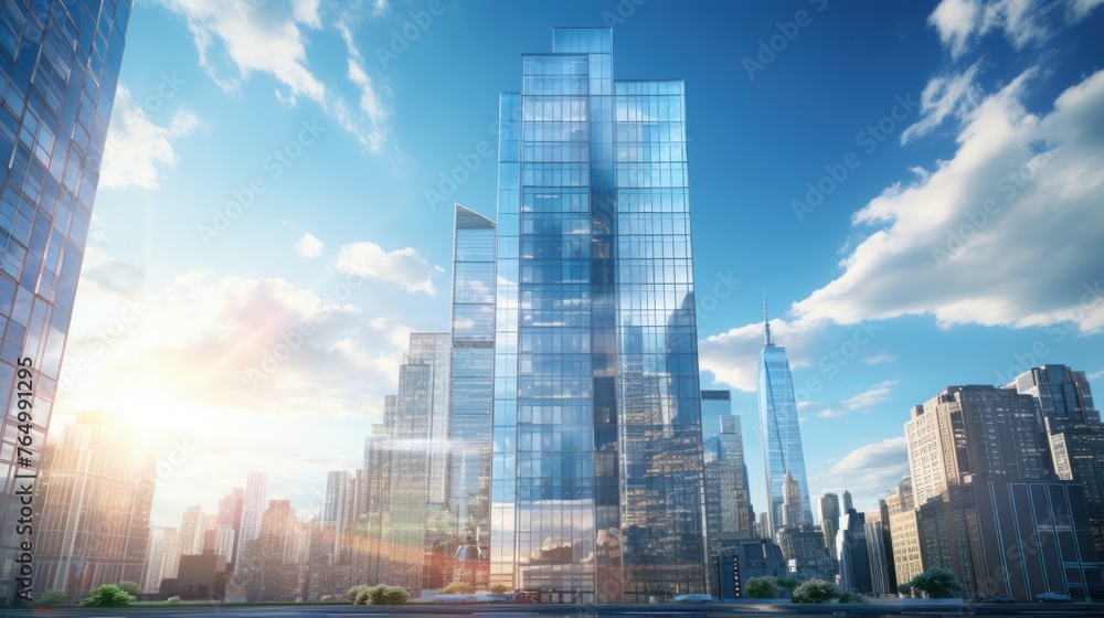 Photorealistic Tall building and behind it a beautiful and sky