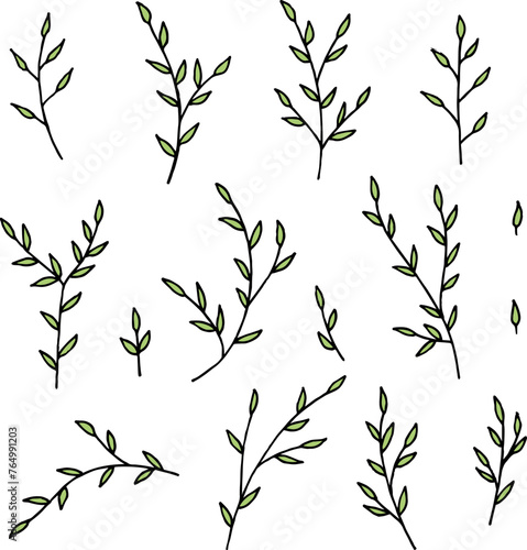 Collection with wondrous green branches on white background. Vector image.