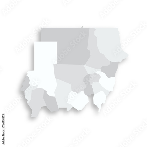 Sudan political map of administrative divisions - states. Grey blank flat vector map with dropped shadow.
