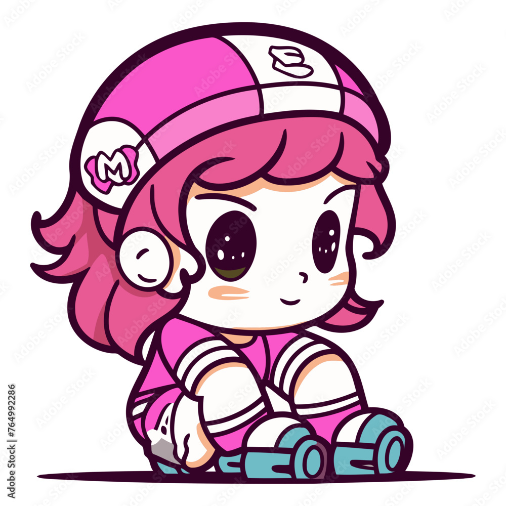 Illustration of a Little Girl Wearing a Helmet and Sitting Down
