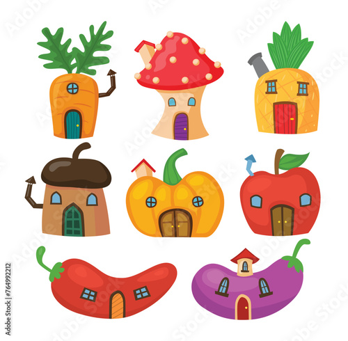 Set of gnome house collection with carrot, mushroom, apple, pepper, acorn and eggplant fruit.fly agaric, fairytale fantasy house, Various Forest Magic Houses concept, vector flat illustration.