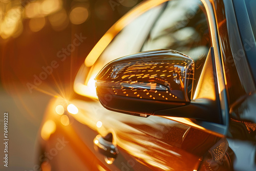 A close-up of a luxury car's rear-view mirror, its unique design creating an abstract pattern in the warm light © Formoney