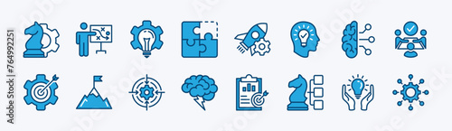 Set of creative business solutions icon vector. Containing strategy, creativity, idea, innovation, teamwork, startup, thinking, puzzle, discussion, brainstorm, goal, target, success management.