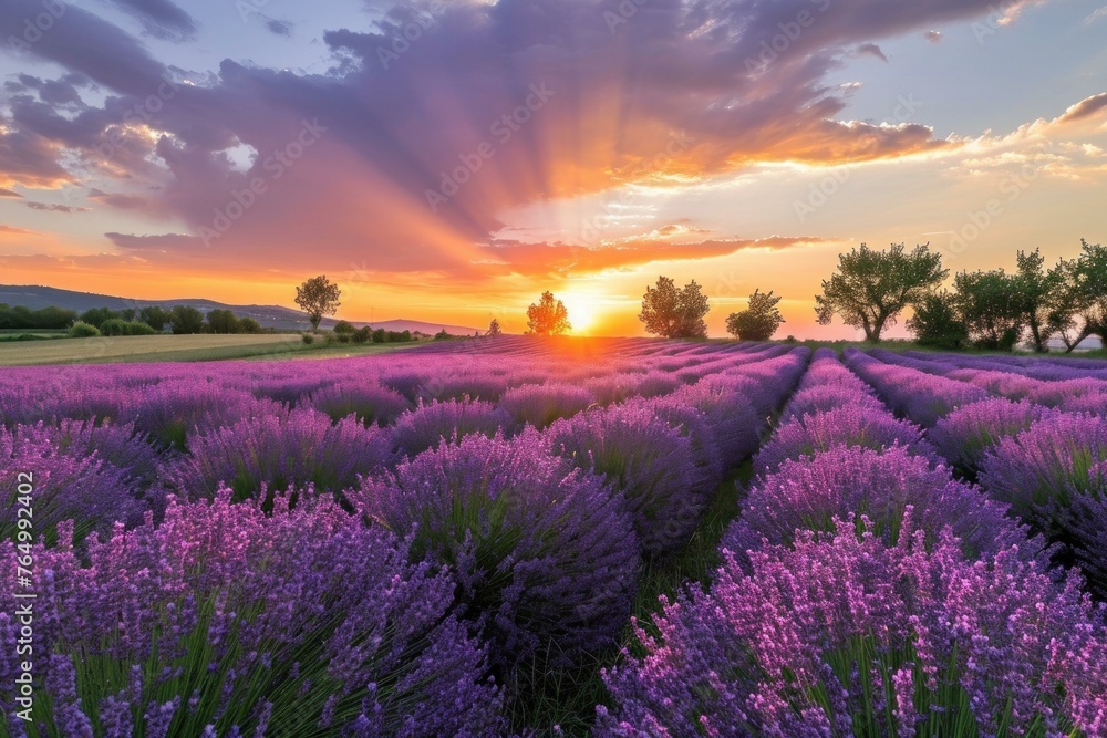 Aromatic Lavender field at sunset. Nature sky. Generate Ai