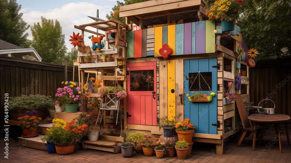 Colorful Backyard Playhouse Amidst Lush Plants