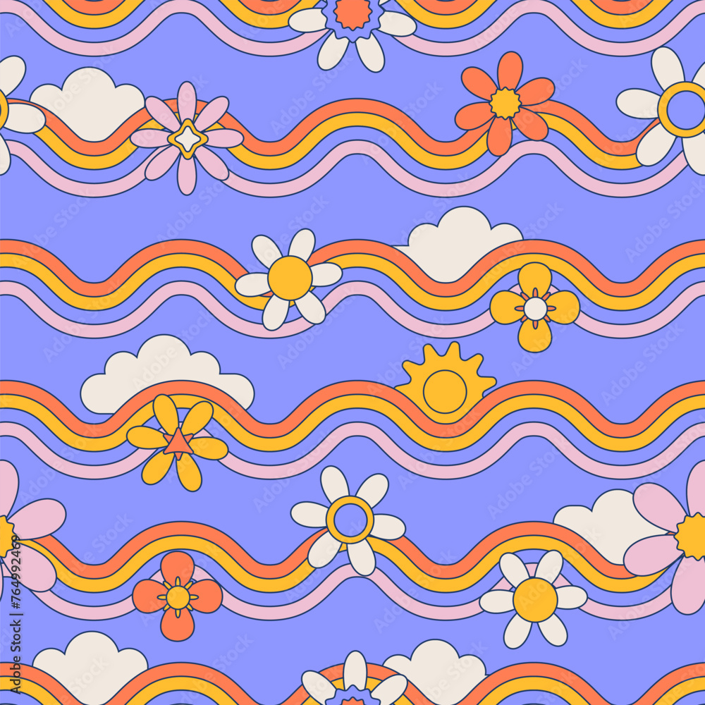 Seamless pattern with daisy flower, clouds and wavy rainbow on blue sky background vector illustration. Groovy hippie summer background. Seamless pattern with daisy flower, clouds and wavy rainbow on blue sky background vector illustration. Groovy hippie summer background.