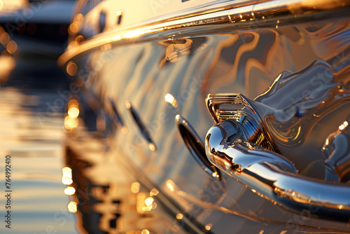 A close-up of a luxury yacht's anchor, its unique design creating an abstract pattern in the warm light