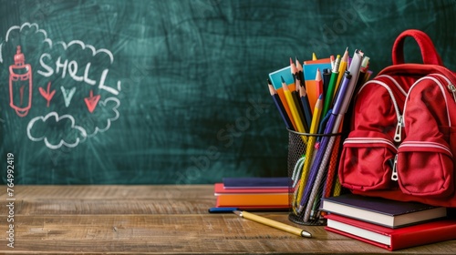 Exciting back to school setup: books, backpacks, and supplies on classroom desk against teacher's chalkboard with educational doodles, perfect for new academic year atmosphere photo