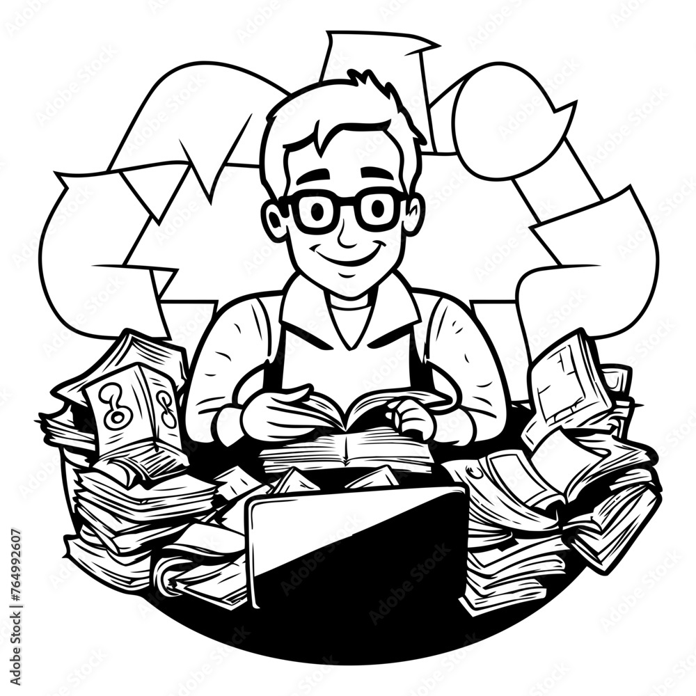 black and white illustration of a man reading a book in a pile of books