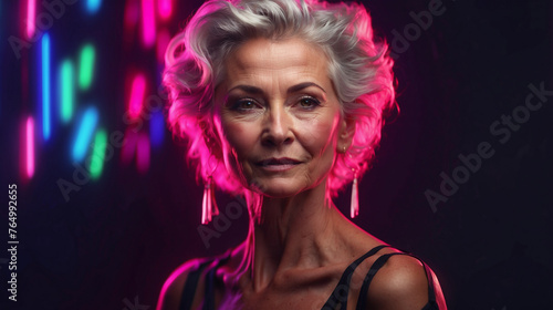Neon portrait of senior woman
