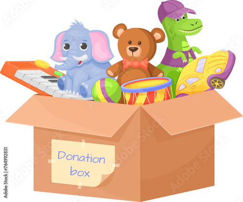 Donation box with kid toys. Charity children goods
