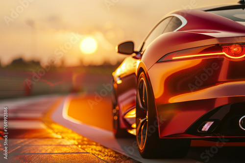 A luxury car on a race track, the warm light enhancing the car's sleek design and creating an abstract and dynamic scene