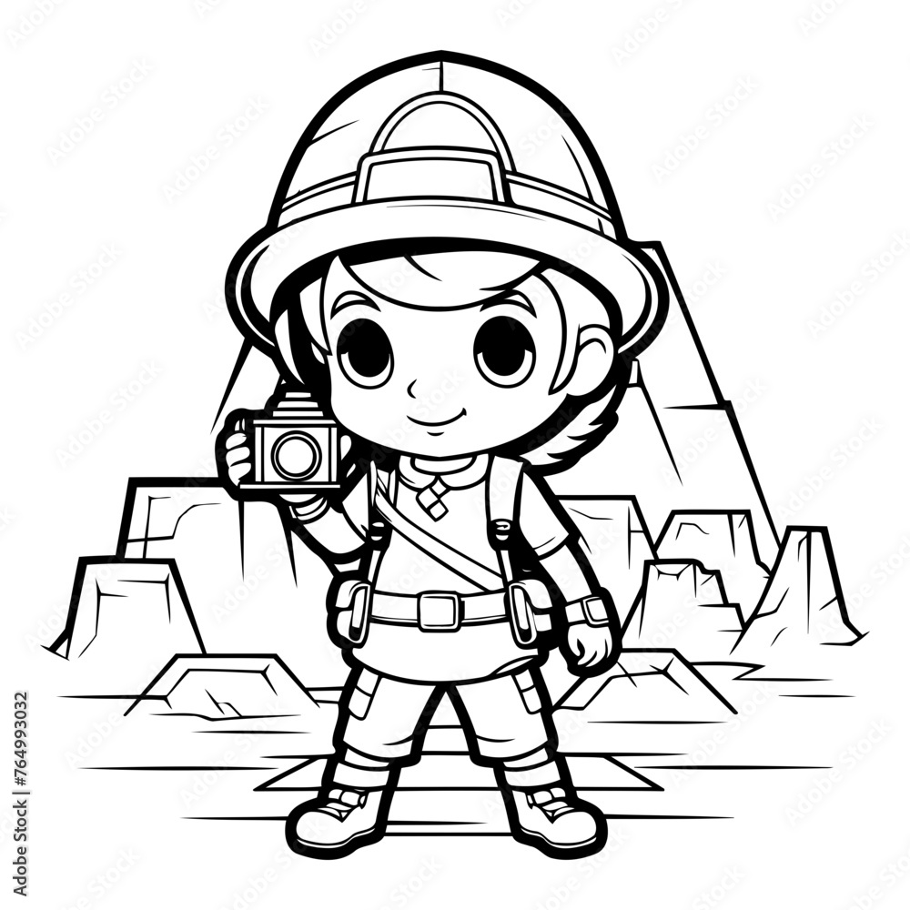 Black and White Cartoon Illustration of Cute Little Boy Scout Character for Coloring Book