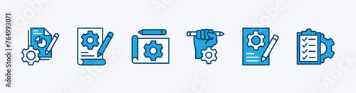 Set of project business management icon. Containing planning document, marketing strategy, checklist on the clipboard with pencil, hands holding pencil with gear. vector illustration