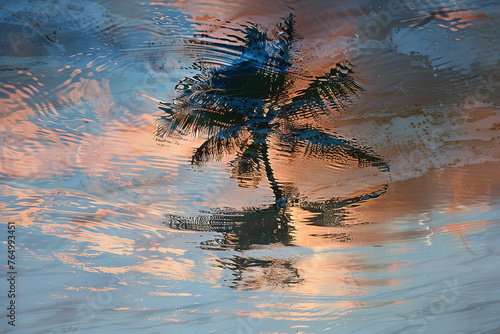 A palm tree on a tropical beach, its reflection on the water creating an abstract