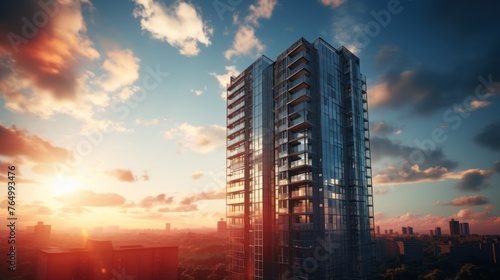 Fototapeta Naklejka Na Ścianę i Meble -  Photorealistic Tall building and behind it a beautiful and sky