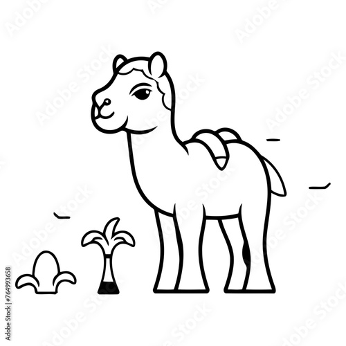 Camel standing on the sand with palm trees.