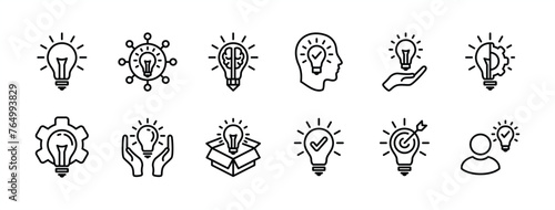 Business idea thin line icon vector. Containing light bulb, thinking out of the box, innovation, creativity. Lamp with brain, head, connection, gear settings, checkmark, target and goal management.