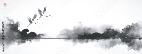 Ink painting of cranes flying over misty water in monochrome ink wash style. Traditional Japanese ink wash painting sumi-e. Translation of hieroglyph - zen