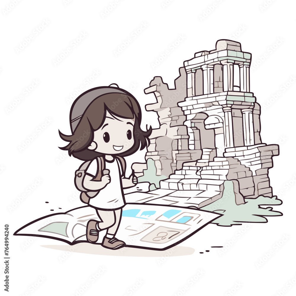 Illustration of a little girl reading a map in front of an ancient building