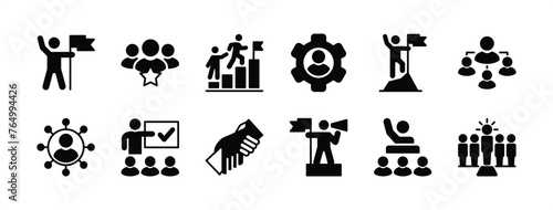 Business leadership icon set. Containing teamwork, team, partnership, work group, human resources manager, achievement, campaign, motivation, support, structure hierarchy. vector illustration