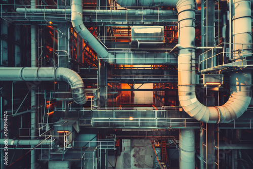 An abstract view of a chemical factory, the network of pipes and tanks creating a unique industrial landscape