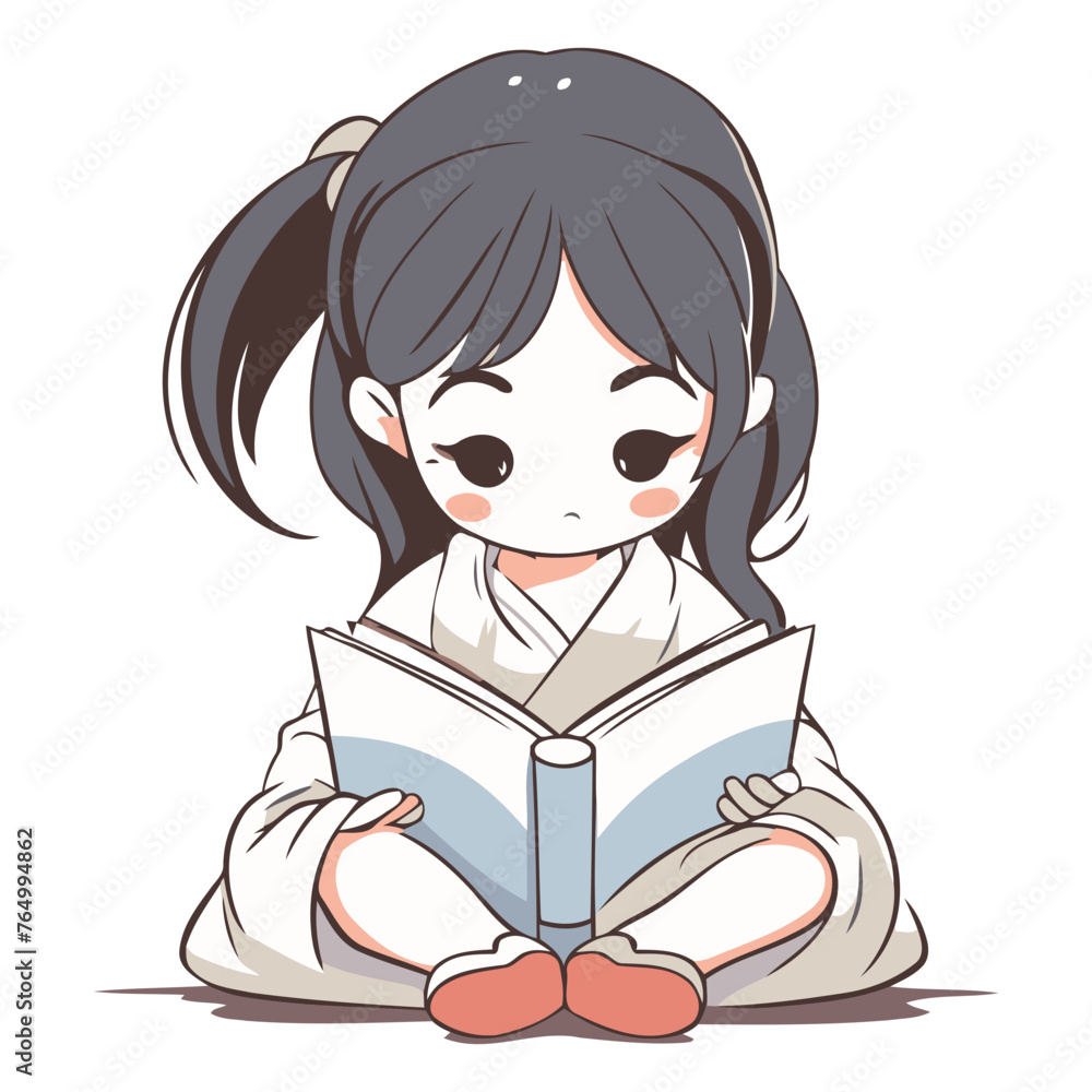 Cute little asian girl reading a book.