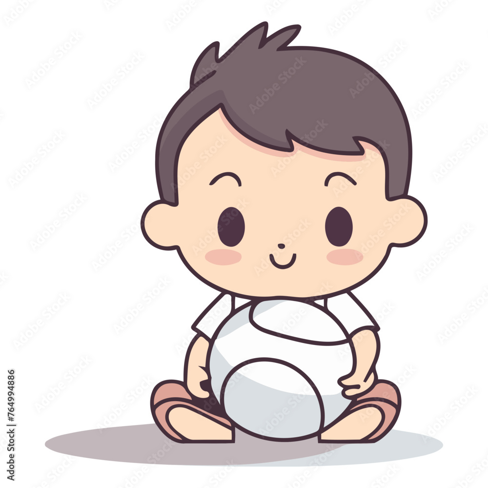 cute baby boy sitting and playing soccer cartoon vector illustration graphic design