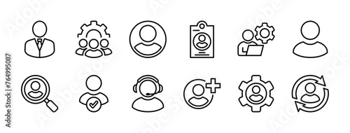 People thin line icons. Containing staff, employee, manager, leadership, Id card, worker, customer service, human resource, agent, guide, user, profile, recruiting / hiring person. vector illustration