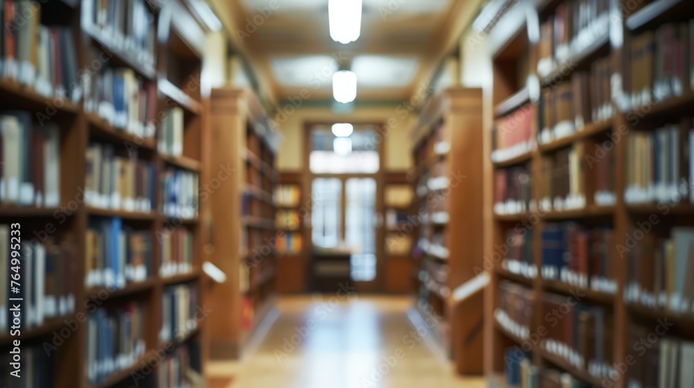 Enigmatic ambiance: blurred college library interior with bookshelves and classroom, ideal for conceptual 