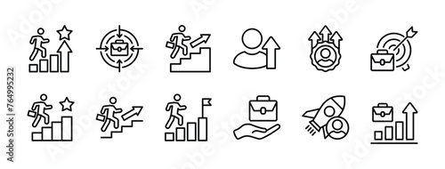Businessman climbing icon set. Containing career, startup, growing and target business, promoted, success, progress, leadership, advancement, improve achievement. vector illustration