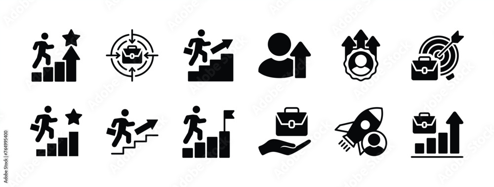 © Vilogsign - Businessman climbing icon set. Containing growing and target business, career, startup, promoted, success, progress, leadership, advancement, improve achievement. vector illustration
