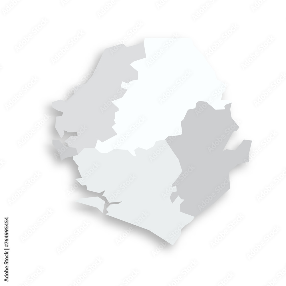 Sierra Leone political map of administrative divisions - provinces and one area. Grey blank flat vector map with dropped shadow.