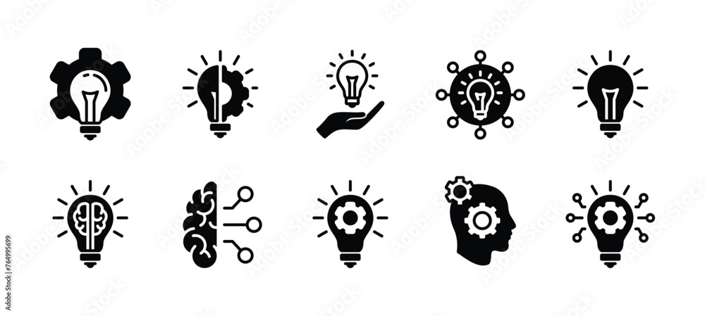 Creative business innovation icon set. Light bulb with cog, lamp with brain. Containing idea, solution, inspiration, creativity, intelligence, imagination, thinking, invention. Vector illustration