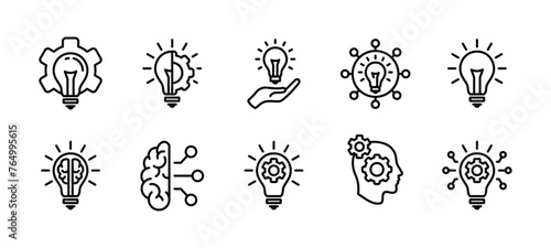 Creative business innovation thin line icon vector set. Light bulb with cog, lamp with brain. Containing idea, solution, inspiration, creativity, intelligence, imagination, thinking, invention