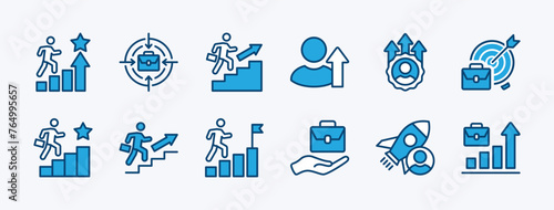 Set of businessman climbing icons. Containing career, startup, growing and target business, promoted, success, progress, leadership, advancement, improve achievement. vector illustration