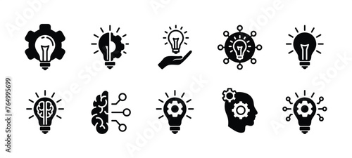 Creative business innovation icon set. Light bulb with cog, lamp with brain. Containing idea, solution, inspiration, creativity, intelligence, imagination, thinking, invention. Vector illustration