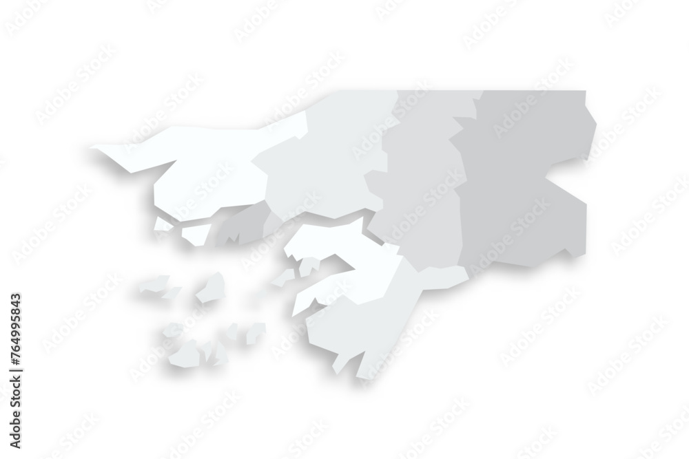 Guinea-Bissau political map of administrative divisions - regions and autonomous sector of Bissau. Grey blank flat vector map with dropped shadow. Guinea-Bissau political map of administrative divisions - regions and autonomous sector of Bissau. Grey blank flat vector map with dropped shadow.