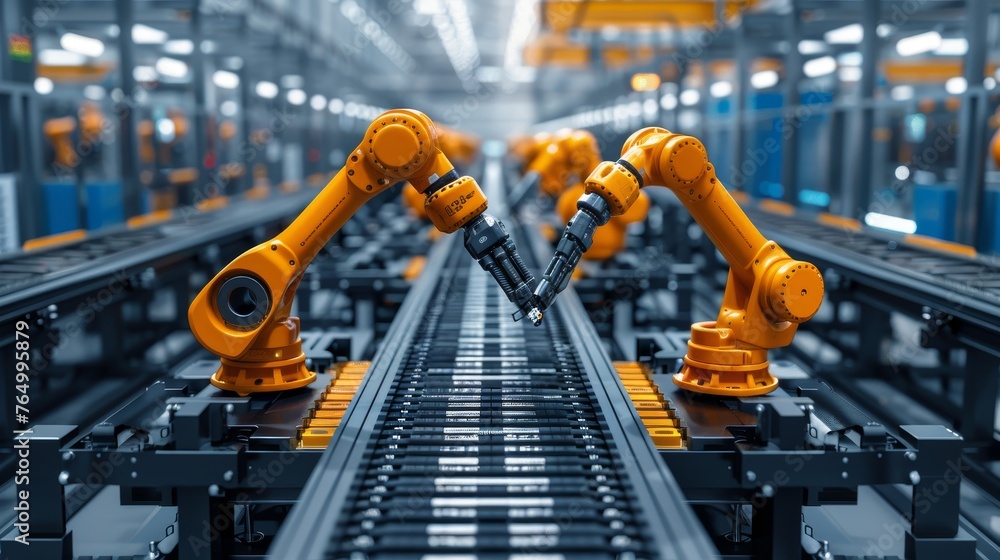 Industry: A modern factory with advanced machinery and robotics Industry: A modern factory with advanced machinery and robotics