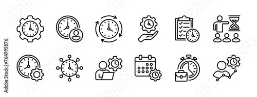 Time management business thin line icon set. Containing schedule, deadline, clock, timer, hourglass, efficiency, timekeeper, list target productivity working gear settings. Vector illustration