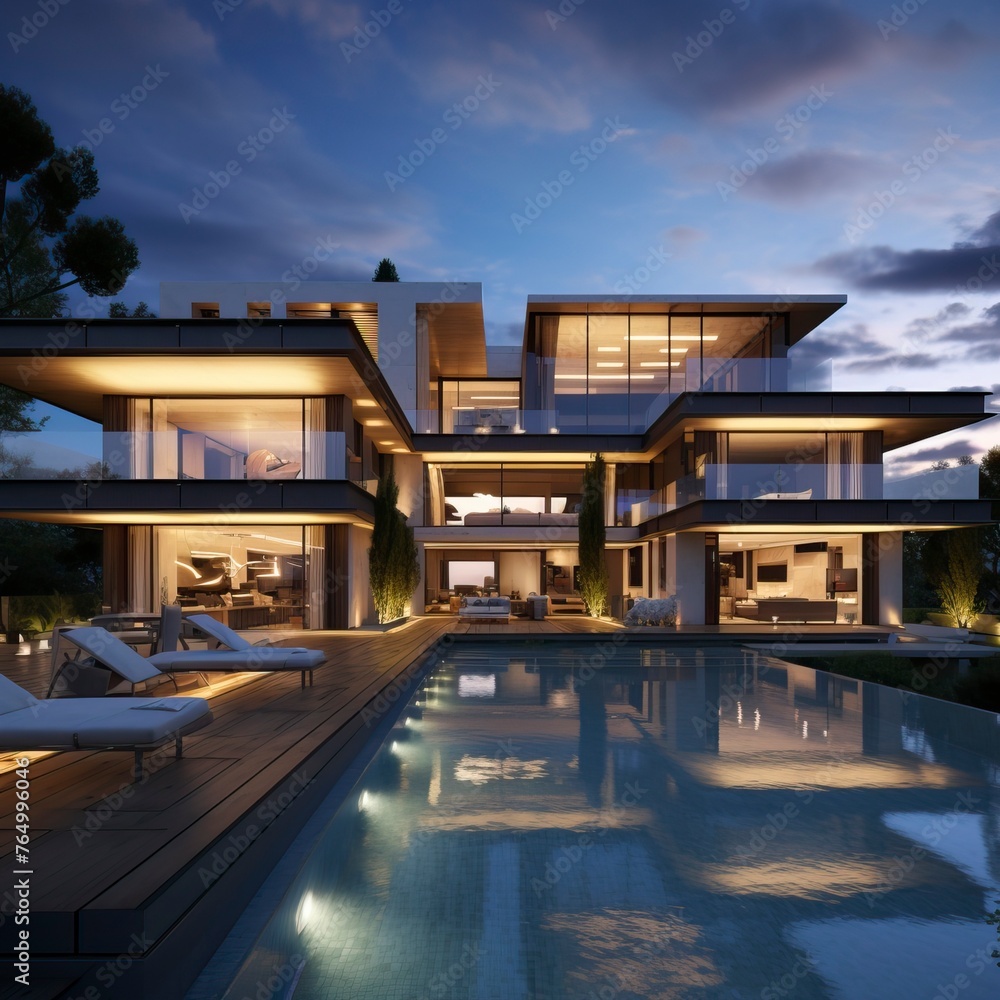 Fototapeta premium Impressive modern mansion with pool at dusk . Natural Landscape 